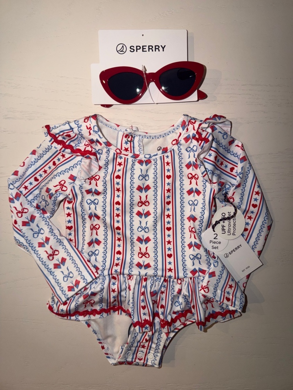 Sperry Americana Bows Long-Sleeve Ruffle Swimsuit 12 24 months